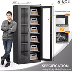 Armoire de présentation VINGLI verrouillable avec portes vitrées et 5 étagères réglables, meuble de rangement en métal noir de 180 cm, vitrine, bar à liqueurs, bibliothèque.