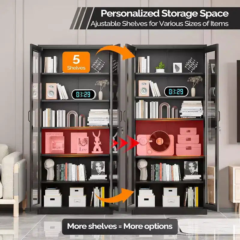 Armoire de présentation VINGLI verrouillable avec portes vitrées et 5 étagères réglables, meuble de rangement en métal noir de 180 cm, vitrine, bar à liqueurs, bibliothèque.