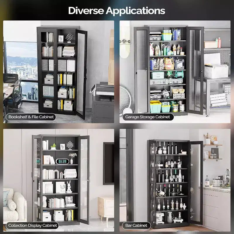 Armoire de présentation VINGLI verrouillable avec portes vitrées et 5 étagères réglables, meuble de rangement en métal noir de 180 cm, vitrine, bar à liqueurs, bibliothèque.