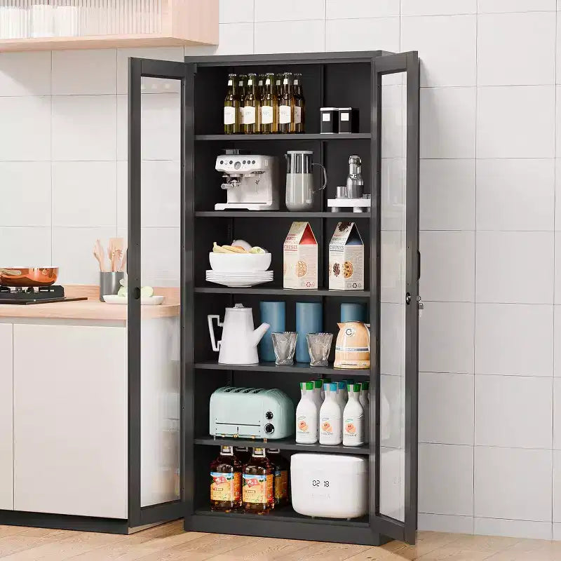Armoire de présentation VINGLI verrouillable avec portes vitrées et 5 étagères réglables, meuble de rangement en métal noir de 180 cm, vitrine, bar à liqueurs, bibliothèque.