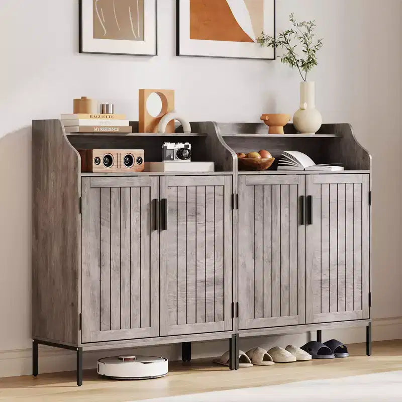 Meuble à chaussures 5 niveaux avec portes, Organiseur de rangement pour chaussures en bois moderne de 104 cm de haut avec 3 étagères réglables pour l'entrée et le couloir