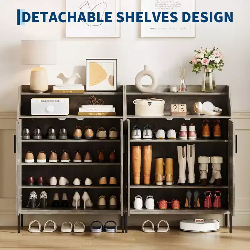 Meuble à chaussures 5 niveaux avec portes, Organiseur de rangement pour chaussures en bois moderne de 104 cm de haut avec 3 étagères réglables pour l'entrée et le couloir