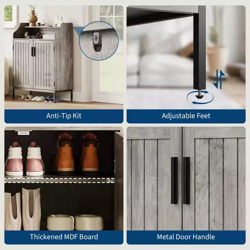 Meuble à chaussures 5 niveaux avec portes, Organiseur de rangement pour chaussures en bois moderne de 104 cm de haut avec 3 étagères réglables pour l'entrée et le couloir