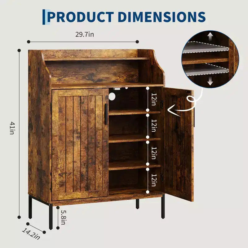 Meuble à chaussures 5 niveaux avec portes, Organiseur de rangement pour chaussures en bois moderne de 104 cm de haut avec 3 étagères réglables pour l'entrée et le couloir