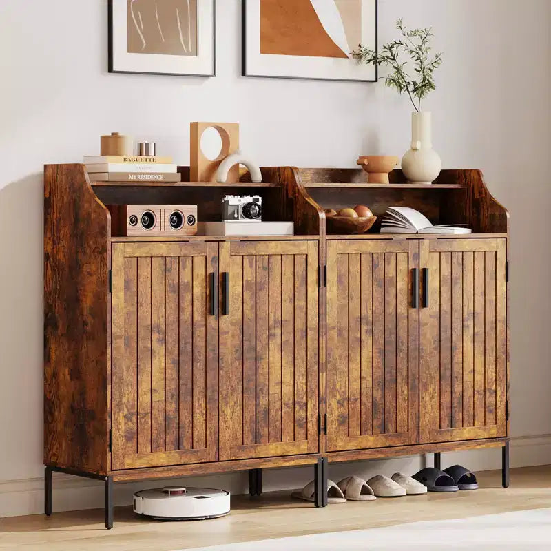 Meuble à chaussures 5 niveaux avec portes, Organiseur de rangement pour chaussures en bois moderne de 104 cm de haut avec 3 étagères réglables pour l'entrée et le couloir