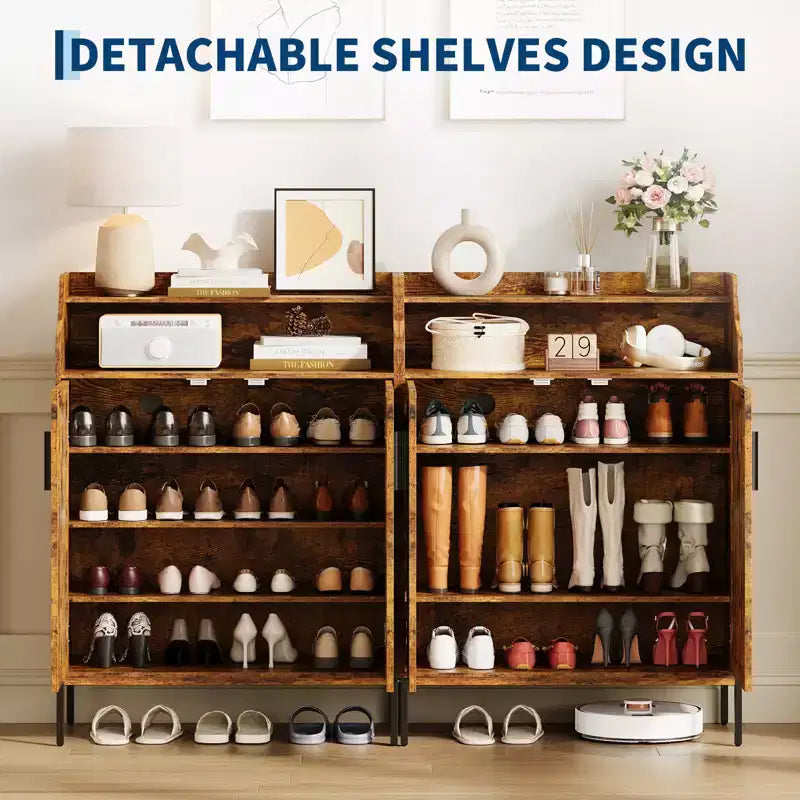 Meuble à chaussures 5 niveaux avec portes, Organiseur de rangement pour chaussures en bois moderne de 104 cm de haut avec 3 étagères réglables pour l'entrée et le couloir