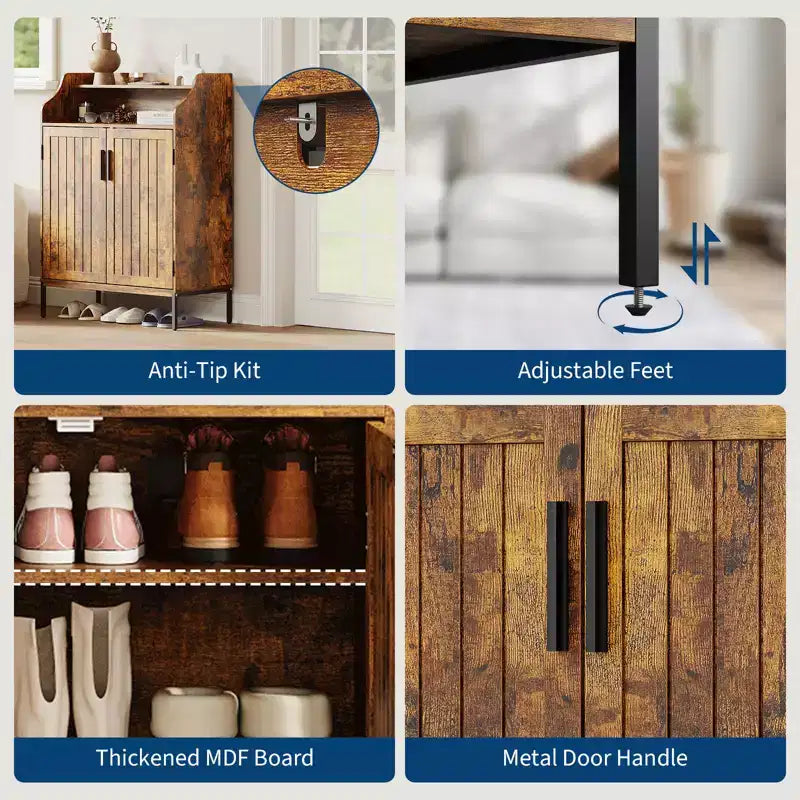 Meuble à chaussures 5 niveaux avec portes, Organiseur de rangement pour chaussures en bois moderne de 104 cm de haut avec 3 étagères réglables pour l'entrée et le couloir