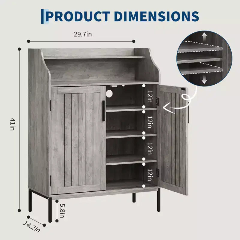 Meuble à chaussures 5 niveaux avec portes, Organiseur de rangement pour chaussures en bois moderne de 104 cm de haut avec 3 étagères réglables pour l'entrée et le couloir