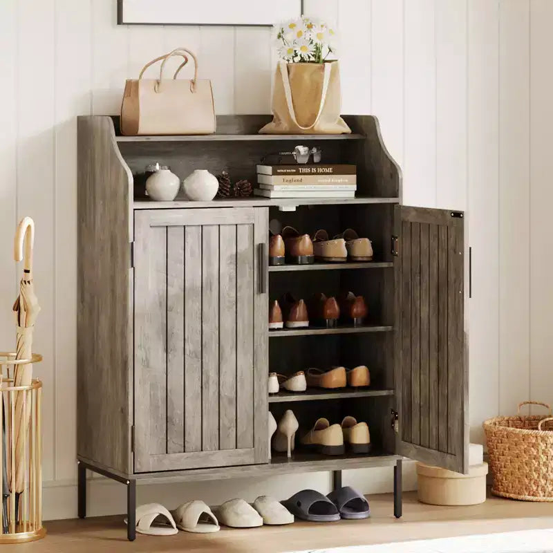Meuble à chaussures 5 niveaux avec portes, Organiseur de rangement pour chaussures en bois moderne de 104 cm de haut avec 3 étagères réglables pour l'entrée et le couloir