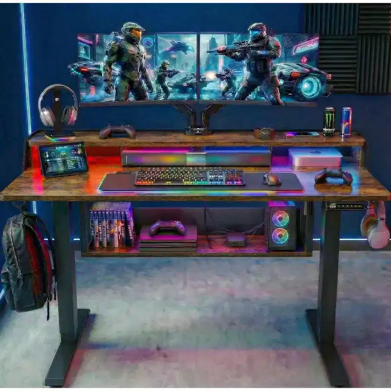 Bureau Debout Électrique, 122 x 61 cm, Réglable en Hauteur avec Étagère et Support d'Écran, Bureau Gaming Debout avec Bande LED