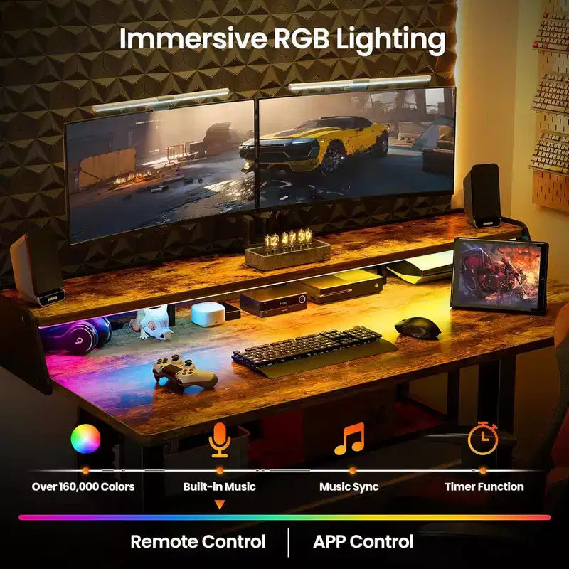 Bureau Debout Électrique, 122 x 61 cm, Réglable en Hauteur avec Étagère et Support d'Écran, Bureau Gaming Debout avec Bande LED