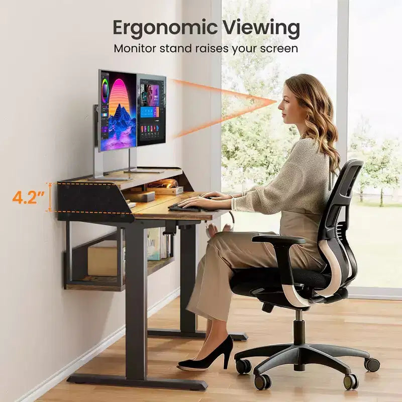 Bureau Debout Électrique, 122 x 61 cm, Réglable en Hauteur avec Étagère et Support d'Écran, Bureau Gaming Debout avec Bande LED