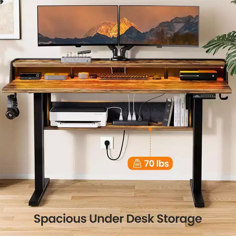 Bureau Debout Électrique, 122 x 61 cm, Réglable en Hauteur avec Étagère et Support d'Écran, Bureau Gaming Debout avec Bande LED