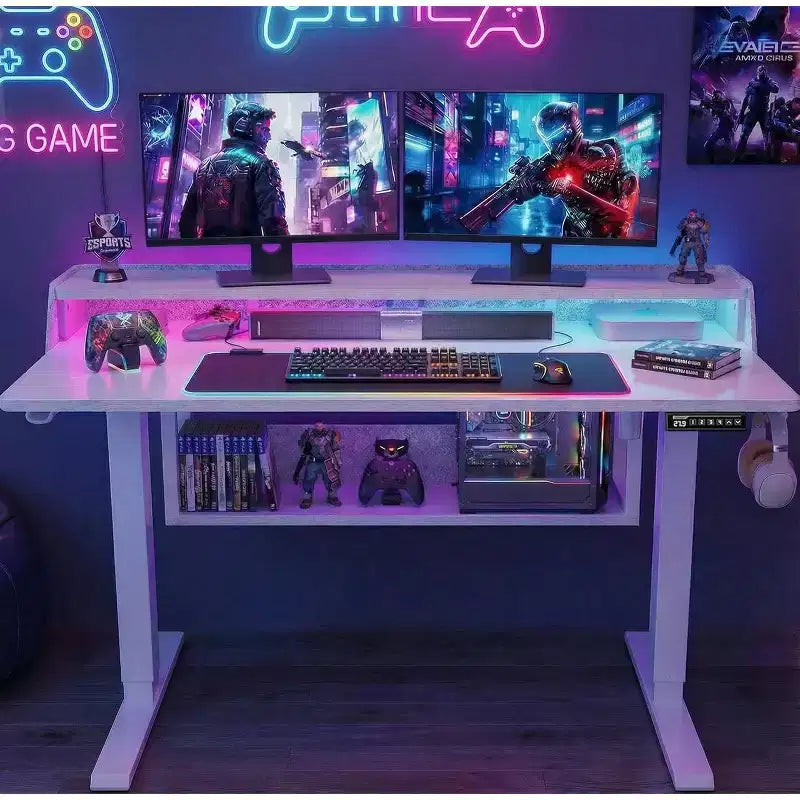 Bureau Debout Électrique, 122 x 61 cm, Réglable en Hauteur avec Étagère et Support d'Écran, Bureau Gaming Debout avec Bande LED