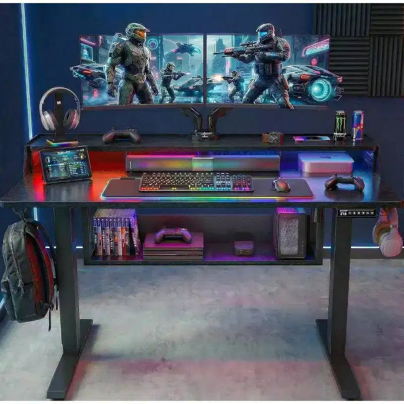 Bureau Debout Électrique, 122 x 61 cm, Réglable en Hauteur avec Étagère et Support d'Écran, Bureau Gaming Debout avec Bande LED