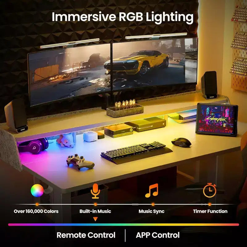 Bureau Debout Électrique, 122 x 61 cm, Réglable en Hauteur avec Étagère et Support d'Écran, Bureau Gaming Debout avec Bande LED