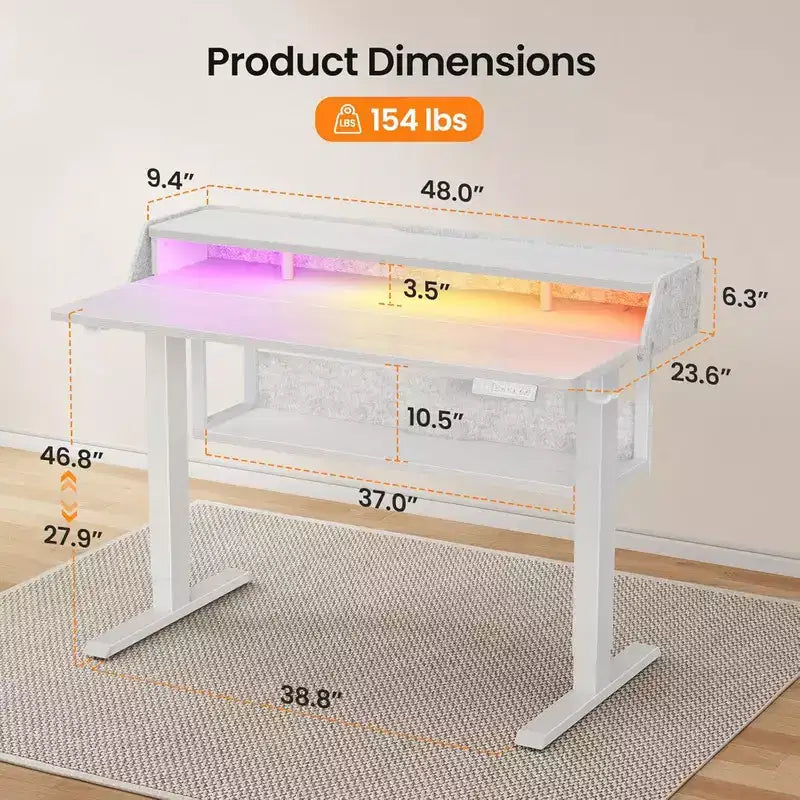 Bureau Debout Électrique, 122 x 61 cm, Réglable en Hauteur avec Étagère et Support d'Écran, Bureau Gaming Debout avec Bande LED