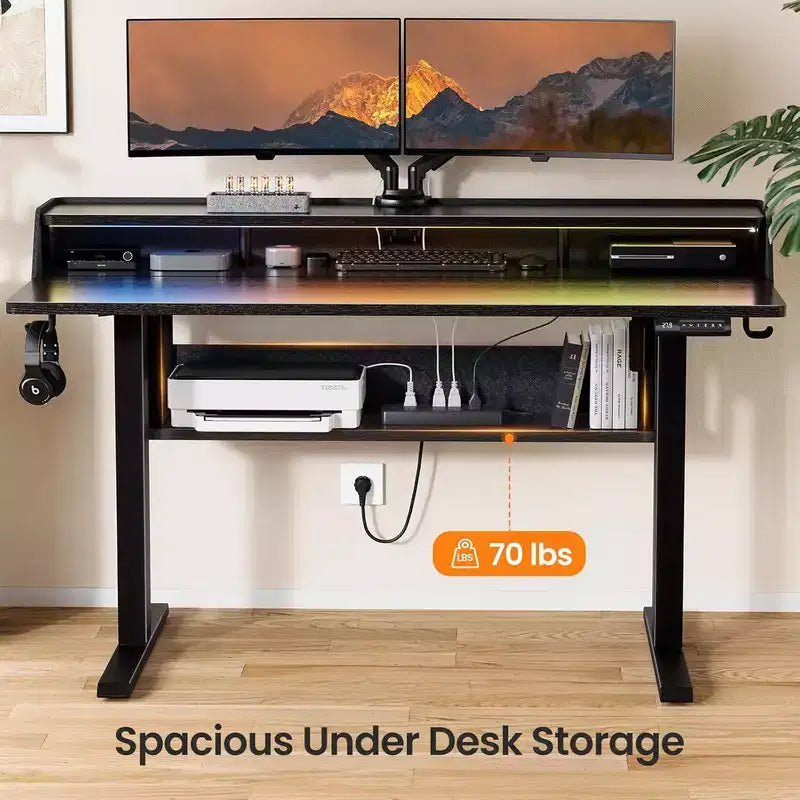 Bureau Debout Électrique, 122 x 61 cm, Réglable en Hauteur avec Étagère et Support d'Écran, Bureau Gaming Debout avec Bande LED