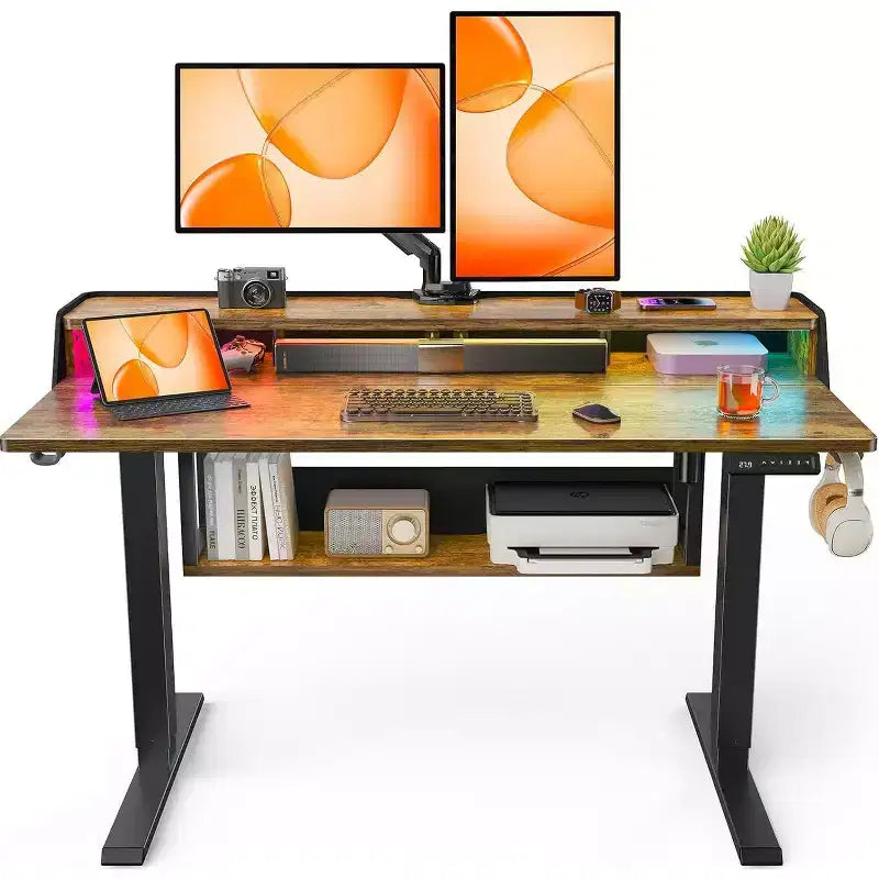 Bureau Debout Électrique, 122 x 61 cm, Réglable en Hauteur avec Étagère et Support d'Écran, Bureau Gaming Debout avec Bande LED