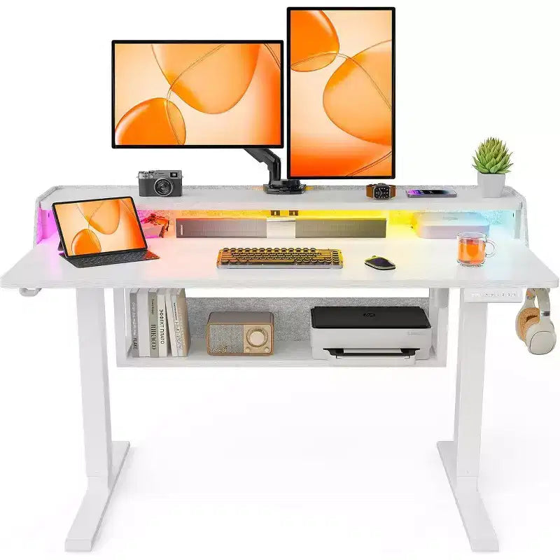 Bureau Debout Électrique, 122 x 61 cm, Réglable en Hauteur avec Étagère et Support d'Écran, Bureau Gaming Debout avec Bande LED