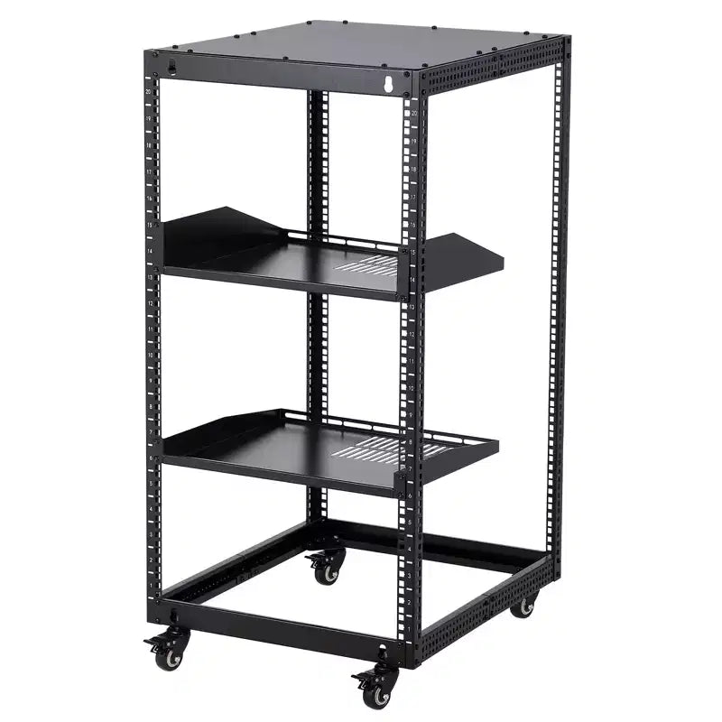 20U Open Frame Network Rack, Carbon Steel, Adjustable Depth 22-40in, with 2 Shelves & Casters, Wall Mount & Free Standing
