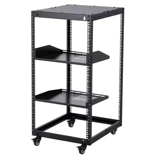 20U Open Frame Network Rack, Carbon Steel, Adjustable Depth 22-40in, with 2 Shelves & Casters, Wall Mount & Free Standing