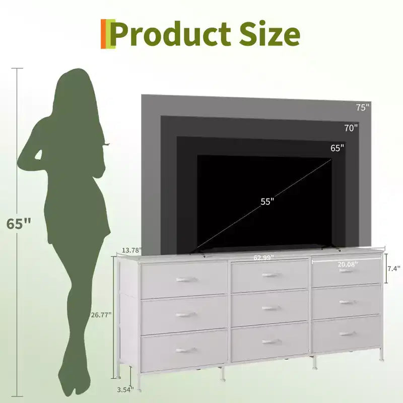 Commode large de 160 cm avec 9 tiroirs en tissu, grand meuble de rangement et meuble TV pour la chambre à coucher