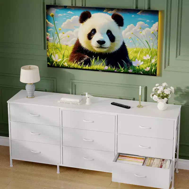 Commode large de 160 cm avec 9 tiroirs en tissu, grand meuble de rangement et meuble TV pour la chambre à coucher
