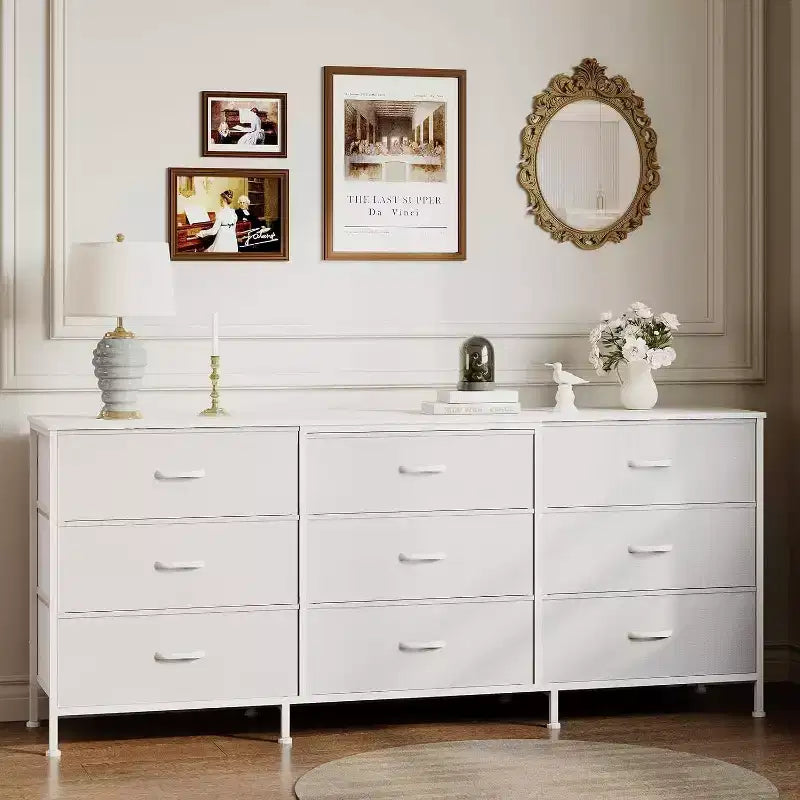 Commode large de 160 cm avec 9 tiroirs en tissu, grand meuble de rangement et meuble TV pour la chambre à coucher