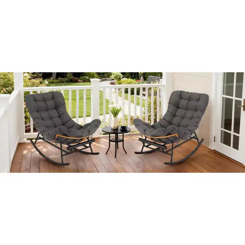 2PCS Papasan Rocking Chair with Footrest, Rocker with Thick Removable Cushion & Sturdy Metal Frame, for Porch, Garden, Living Room, Gray