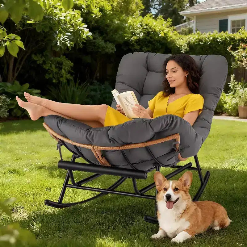 Lot de 2 chaises berçantes Papasan avec repose-pieds, avec coussin épais amovible et cadre en métal robuste, pour porche, jardin, salon, gris