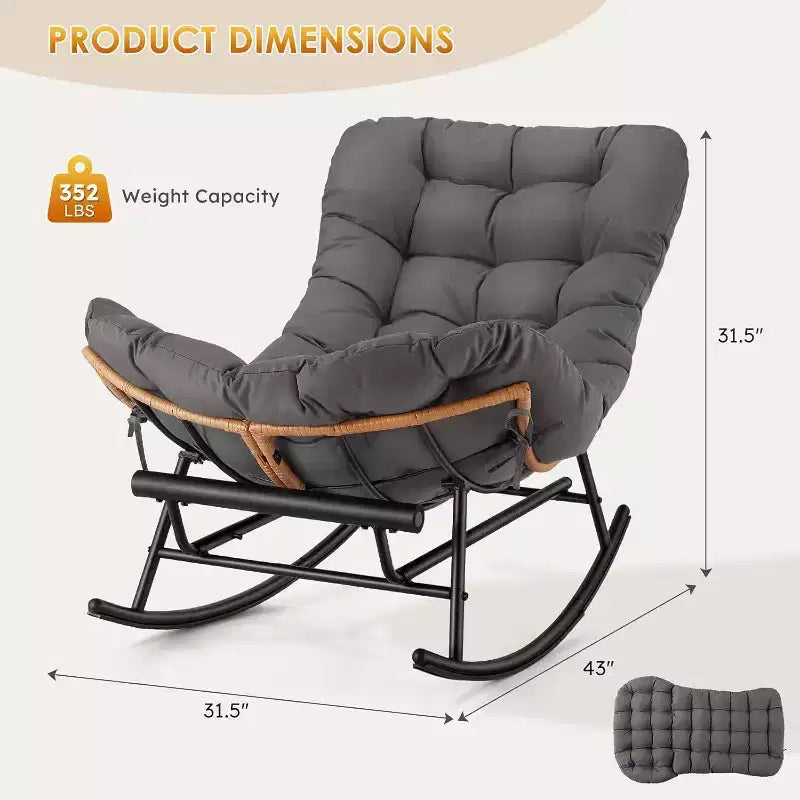 Lot de 2 chaises berçantes Papasan avec repose-pieds, avec coussin épais amovible et cadre en métal robuste, pour porche, jardin, salon, gris