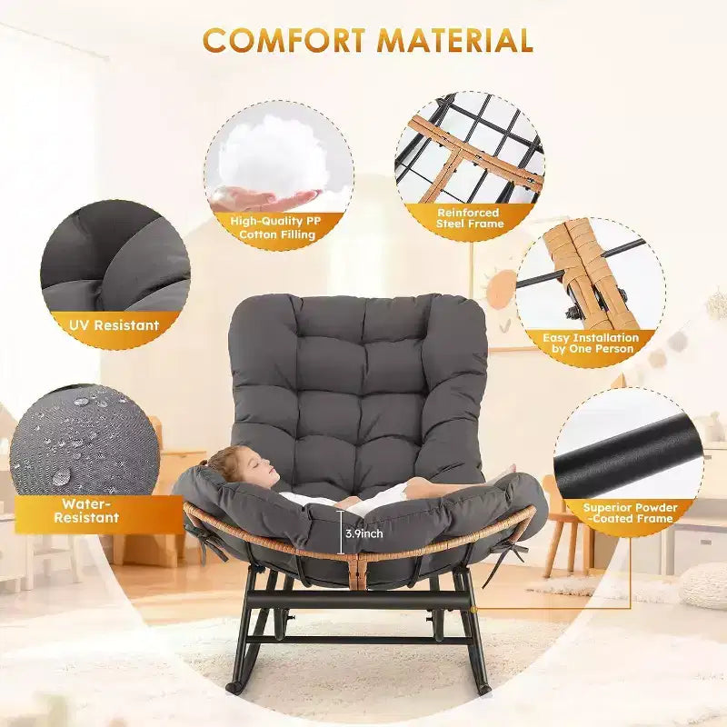 Lot de 2 chaises berçantes Papasan avec repose-pieds, avec coussin épais amovible et cadre en métal robuste, pour porche, jardin, salon, gris