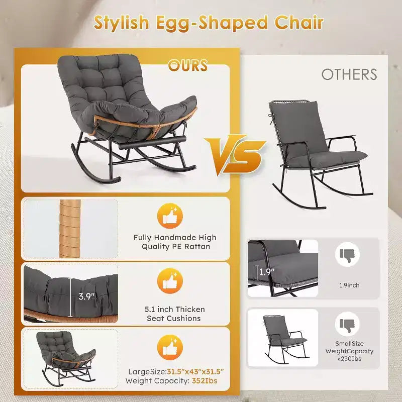 Lot de 2 chaises berçantes Papasan avec repose-pieds, avec coussin épais amovible et cadre en métal robuste, pour porche, jardin, salon, gris