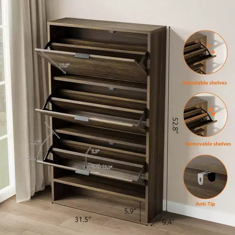 Meuble à chaussures cannelé avec 3 portes basculantes, rangement à chaussures haut dissimulé autoportant pour entrée, couloir, salon