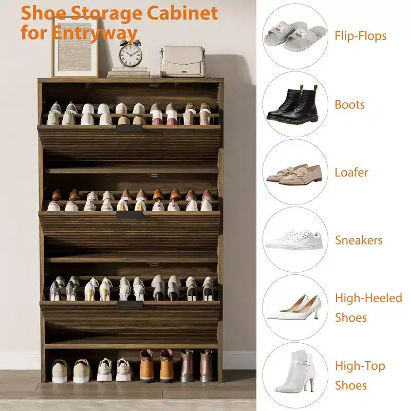 Meuble à chaussures cannelé avec 3 portes basculantes, rangement à chaussures haut dissimulé autoportant pour entrée, couloir, salon