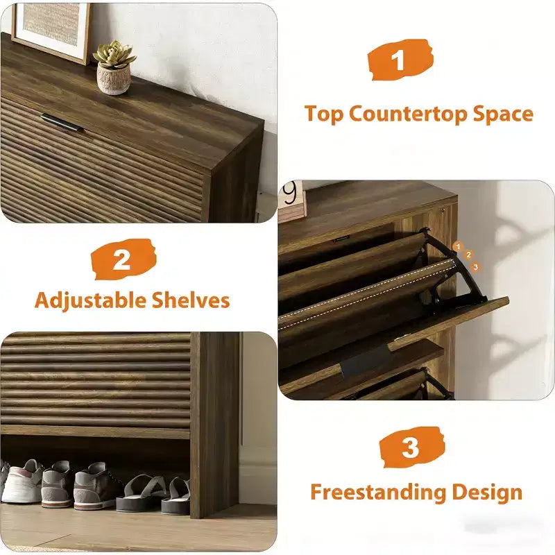 Meuble à chaussures cannelé avec 3 portes basculantes, rangement à chaussures haut dissimulé autoportant pour entrée, couloir, salon