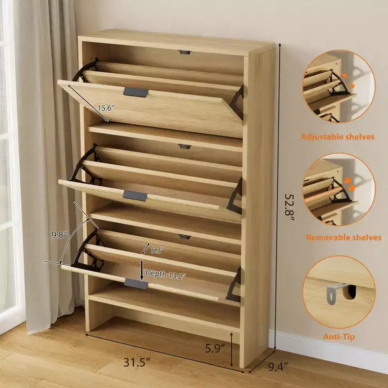 Meuble à chaussures cannelé avec 3 portes basculantes, rangement à chaussures haut dissimulé autoportant pour entrée, couloir, salon