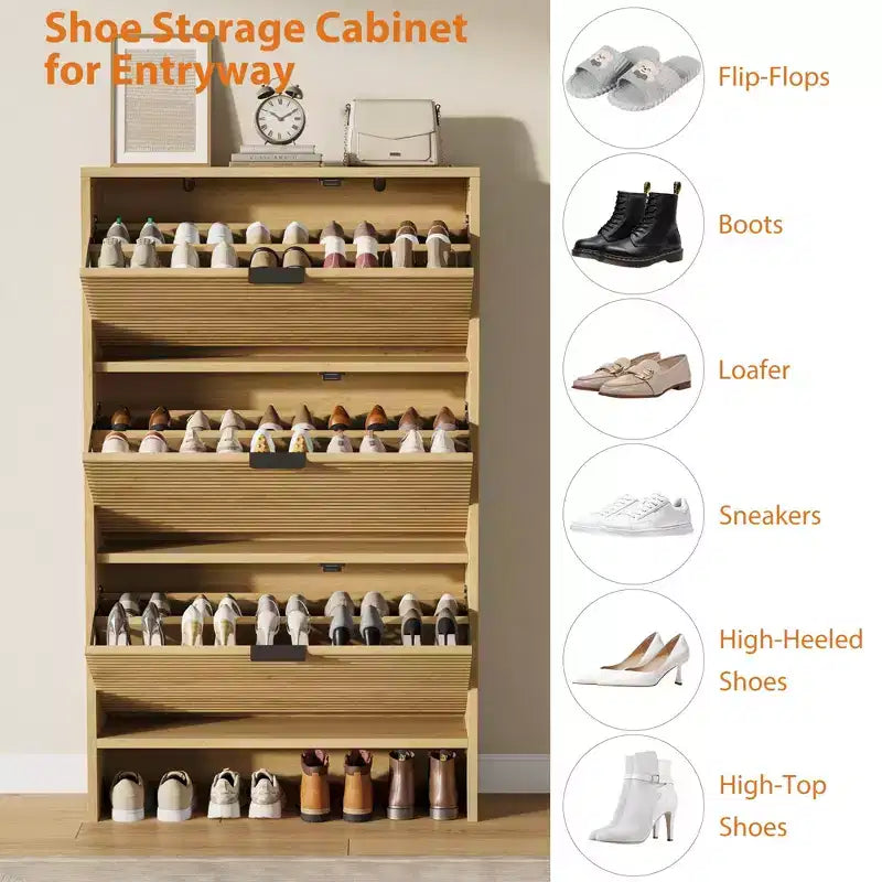 Meuble à chaussures cannelé avec 3 portes basculantes, rangement à chaussures haut dissimulé autoportant pour entrée, couloir, salon