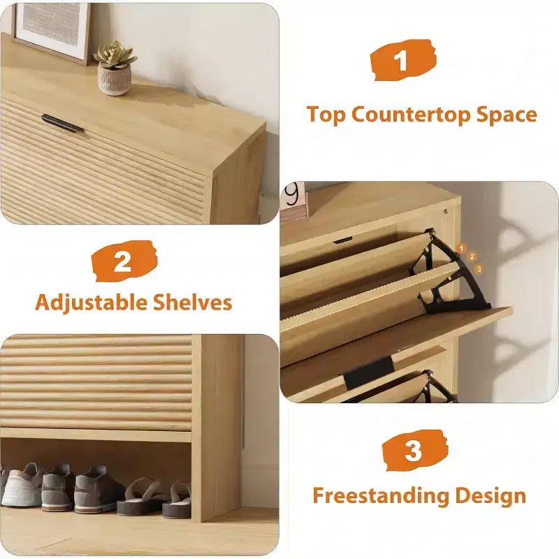 Meuble à chaussures cannelé avec 3 portes basculantes, rangement à chaussures haut dissimulé autoportant pour entrée, couloir, salon