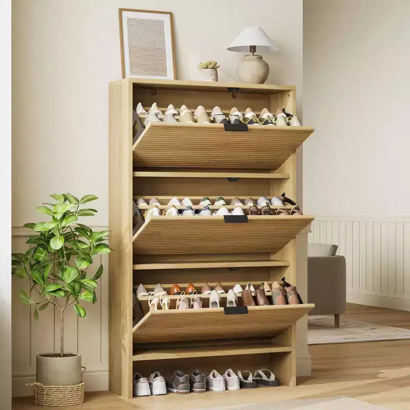 32 Fluted Shoe Rack Cabinet with 3 Flip Doors, Tall Freestanding Hidden Shoe Storage for Entryway, Hallway, Living Room