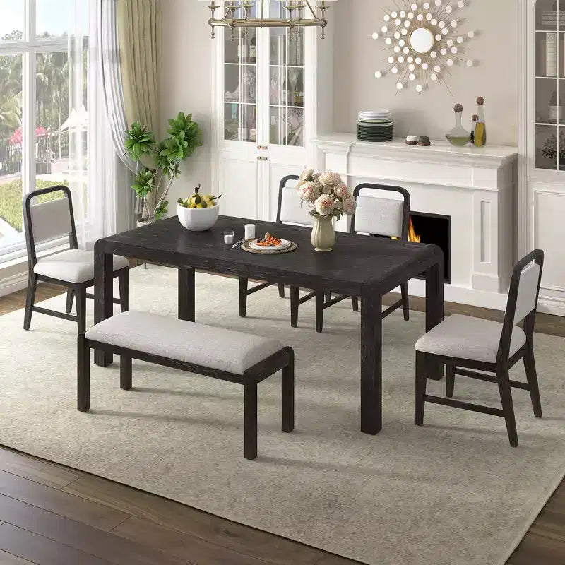 Ensemble de salle à manger vintage extensible pour 6 personnes avec 4 chaises rembourrées et un banc, table de cuisine rustique brossée à la main avec design incurvé