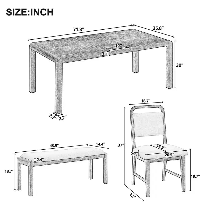 Ensemble de salle à manger vintage extensible pour 6 personnes avec 4 chaises rembourrées et un banc, table de cuisine rustique brossée à la main avec design incurvé