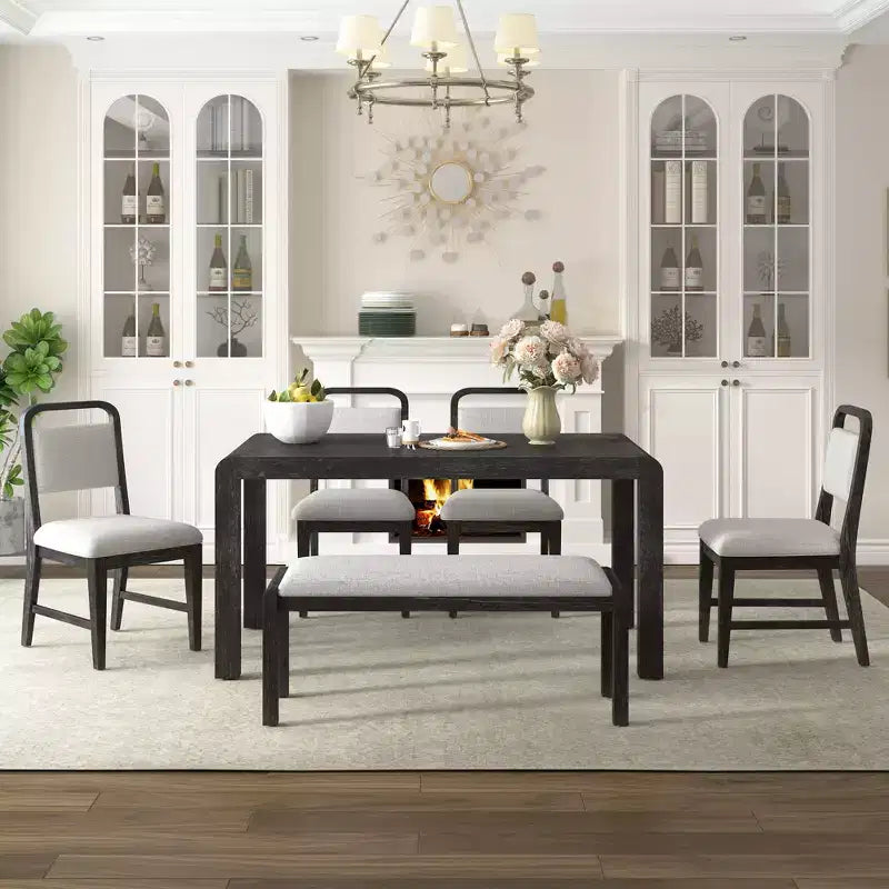 Ensemble de salle à manger vintage extensible pour 6 personnes avec 4 chaises rembourrées et un banc, table de cuisine rustique brossée à la main avec design incurvé