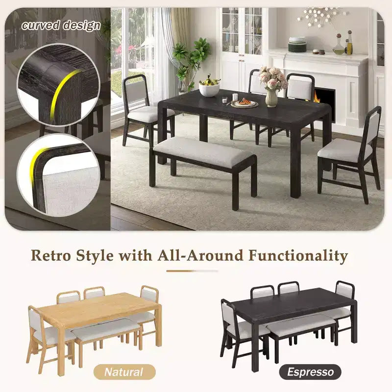 Ensemble de salle à manger vintage extensible pour 6 personnes avec 4 chaises rembourrées et un banc, table de cuisine rustique brossée à la main avec design incurvé