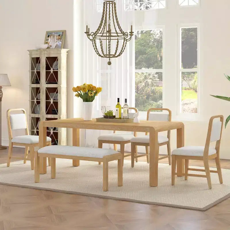 Ensemble de salle à manger vintage extensible pour 6 personnes avec 4 chaises rembourrées et un banc, table de cuisine rustique brossée à la main avec design incurvé