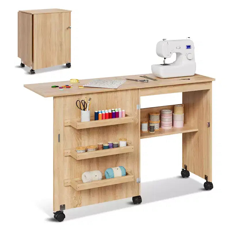 Garvee Folding Sewing Table, Multipurpose Sewing Machine Table with Compact Design, Craft Station & Side Desk with Lockable Wheels, Storage Shelves