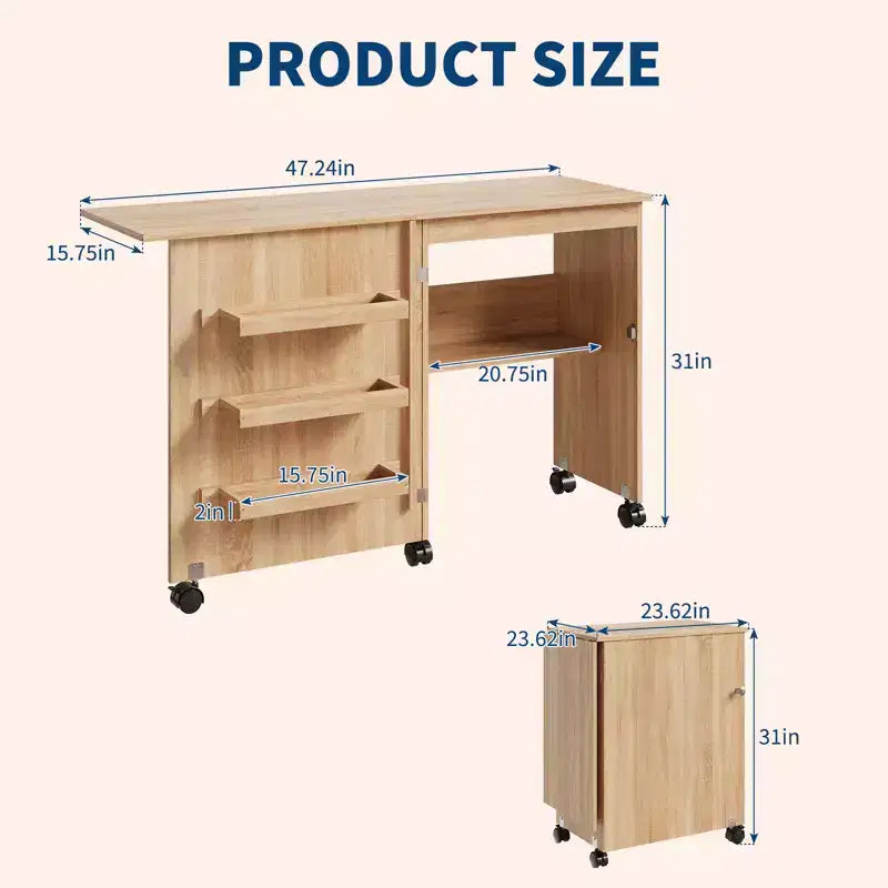 Table de couture pliante Garvee, table pour machine à coudre multifonctionnelle au design compact, station d'artisanat et bureau d'appoint avec roulettes verrouillables, étagères de rangement