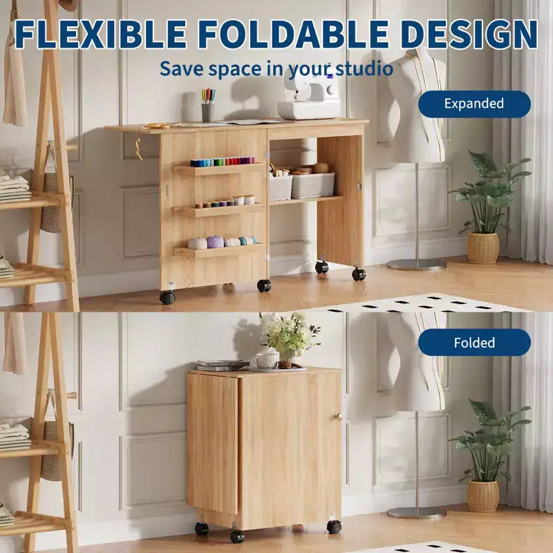 Table de couture pliante Garvee, table pour machine à coudre multifonctionnelle au design compact, station d'artisanat et bureau d'appoint avec roulettes verrouillables, étagères de rangement