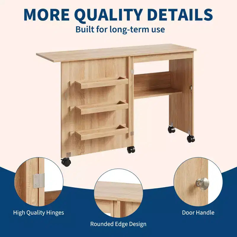 Table de couture pliante Garvee, table pour machine à coudre multifonctionnelle au design compact, station d'artisanat et bureau d'appoint avec roulettes verrouillables, étagères de rangement